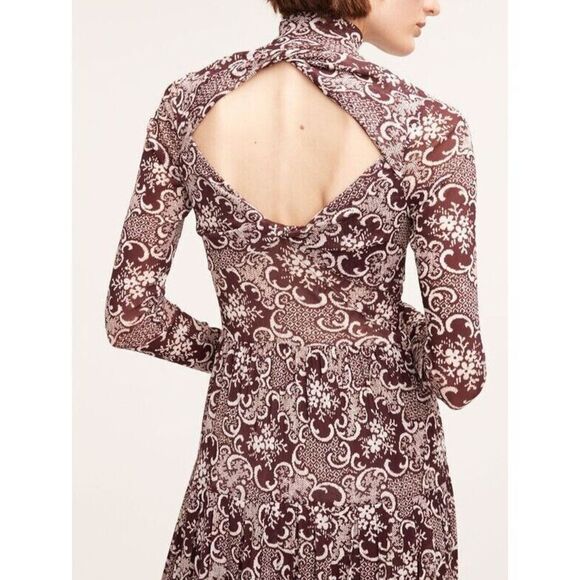 Rebecca Taylor Women's Sz XS Red Rochelle Fleur Pleated Mock Neck Dress - Picture 3 of 12